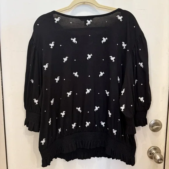 Lauren Ralph Lauren Top 2XL Peasant Embroidery Oaxaca Black White‎ Cottage Core - Picture 4 of 9